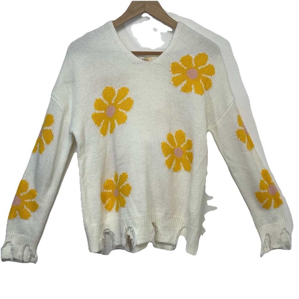 Hazel Moon Daisy‎ Print Sweater Hood  Woman Medium Distressed  Long Sleeve Retro